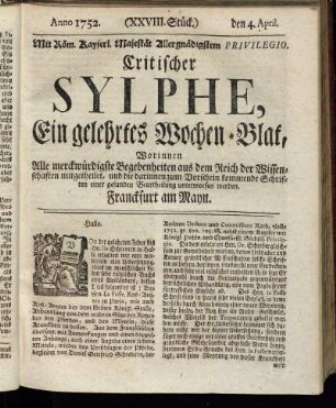 (XXVIII. Stück.) den 4. April. Anno 1752.