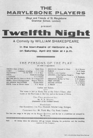 Theaterzettel der "Marylebone Players" London für die Shakespearekomödie "Twelfth Night" (Was ihr wollt) im Stadttheater Heilbronn