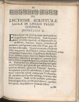 De Lectione Scripturæ Sacræ In Linguis Vulgo Cognitis, Disputatio II.