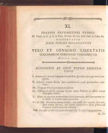 XI. Joannis Nepomuceni Endres ... De Vero Et Genuino Libertatis Ecclesiarum Germaniae Fundamento