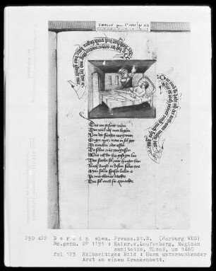 Heinrich von Laufenberg, Regimen sanitatis, deutsch — Kranker Mann im Bett, dabei ein Harn beschauender Arzt, Folio 123recto