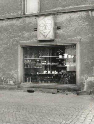 Dresden-Naußlitz. Wohnhaus mit Laden (Blumenhaus Zukunft), Kesselsdorfer Straße 51. Ladenfenster der Seitenfront und Firmierung
