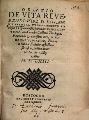 Oratio De Vita Reverendi Viri, D. Iohannis Frederi, Svperintendentis Ecclesiae Wismariensis