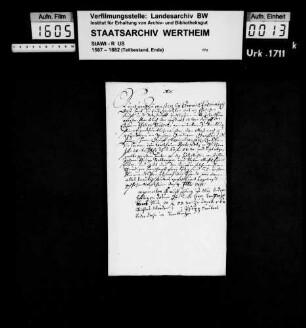 Philipp Seubert zu Remlingen (Remblingen) verkauft an Graf Maximilian Karl zu Löwenstein etc. 45 2/3 Ruthen Wiesen an der Holtzmühle um 60 Gulden 52 Kreuzer.