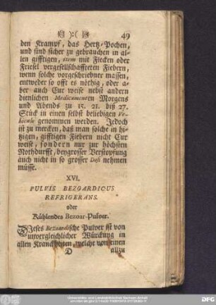 XVI. Pulvis Bezoardicus Refrigerans. oder Kühlendes Bezoar-Pulvar.