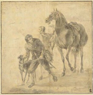 Zwei Männer mit Hund und Pferd