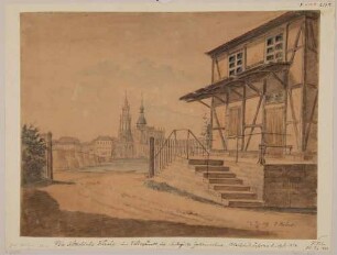 Das Zolleinnahmegebäude am Blockhausgässchen 2, mit Blick über die Elbe auf die Katholische Hofkirche nach Süden