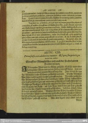 Artic. CXI. Poena falsae, vel adulterinae monetae : & si quis sine privilegio monetam cudat. Straff der Müntzfälscher, und auch der, so ohn habend Freyheit müntzen