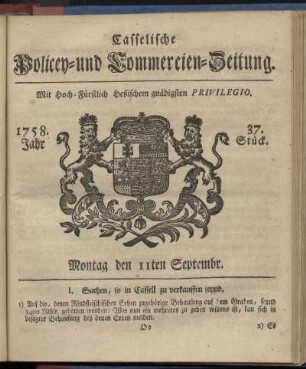 37. Stueck, Montag den 11ten Septembr. 1758