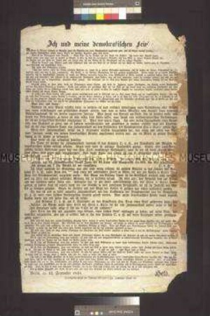 Maueranschlag: Ich und meine demokratischen Feinde. Flugschrift von F. W. Held; Berlin, 12. September 1848