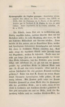 692-703 [Rezension] Pietra, J. B., Hymnographie de l'église grecque