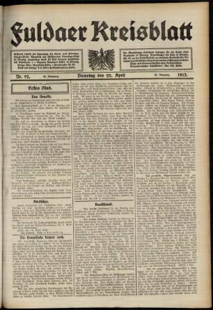 Erste Ausgabe vom Dienstag, den 22. April 1913.