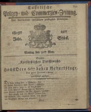 22tes Stueck, Montag den 30ten May 1803