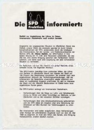 Informationsblatt der SPD-Fraktion Berlin mit der Forderung nach Angleichung der Löhne im öffentlichem Dienst