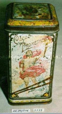 Blechdose für "CACAO PROMETHEUS" (auf Seitenwand: Joh. Gottl. Hauswaldt MAGDEBURG)