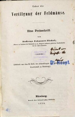 Ueber die Vertilgung der Feldmäuse : eine Preisschrift