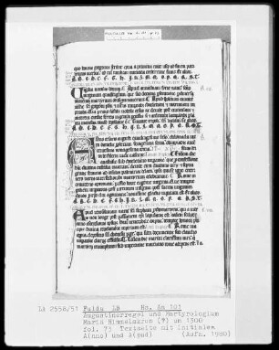 Augustinerregel und Martyrologium — Initiale A (nno) und A (pud), Folio 73 recto