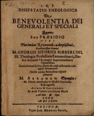 Diss. theol. de benevolentia Dei generali et speciali