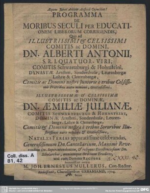 Programma De Moribus Seculi Per Educationem Liberorum Corrigendis ...
