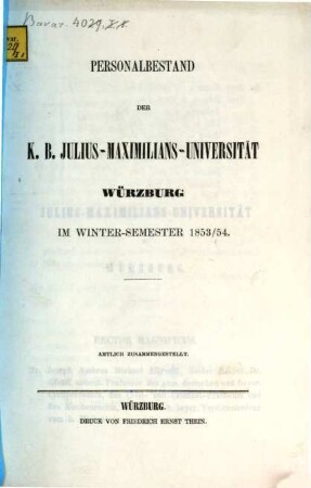 Personalbestand der Königlich-Bayerischen Julius-Maximilians-Universität Würzburg. 1853/54, 1853/54. WS.