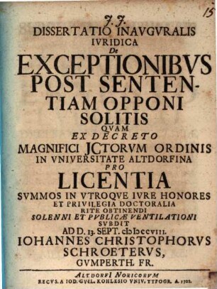 Dissertatio inauguralis iuridica de exceptionibus post sententiam opponi solitis