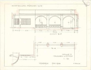 Pfann, Paul; München - Theresienhöhe; Ausstellung München 1908 - Halle I., Großer Lichthof (Teilgrundriss); Wand (Schnitt)