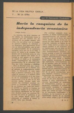 Hacia la conquista de la independencia económica : De la vieja política criolla y... de la otra