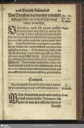 Die VI. Art der Brieffen. Von Brieffen, darinn wir jemandt beklagen, oder im freundtlicherweiß etwas verweisen