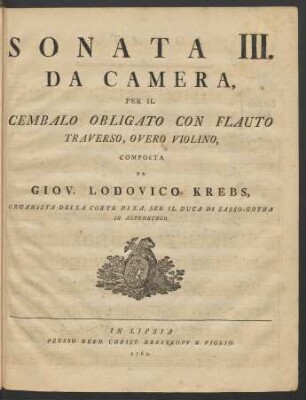 Sonata III. Da Camera Per Il Cembalo Obligato Con Flauto Traverso, Overro Violino,