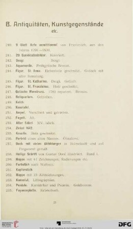 B. Antiquitäten, Kunstgegenstände etc. (Nr. 240-331)