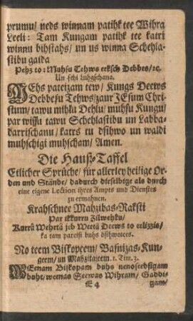 Die Hauß-Taffel Etlicher Sprüche/ für allerley heilige Orden und Stände ...