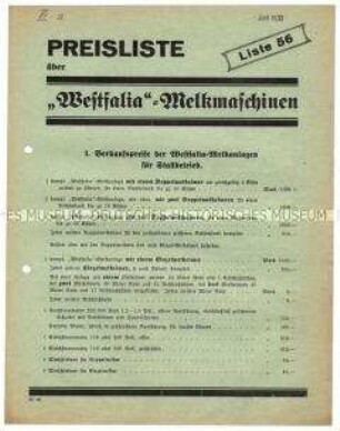 Preisliste Nr. 56 über Melkmaschinen