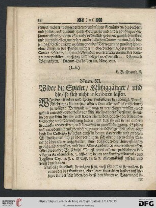 Num. XI. Wider die Spieler / Mueßiggaenger / und die / so sich nicht inscribiren lassen