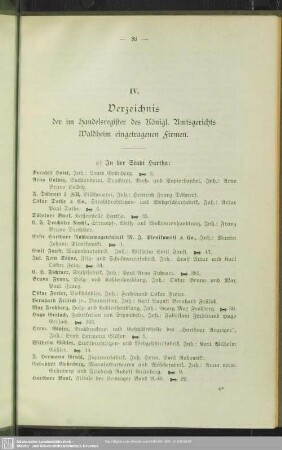 IV. Handelsregister : IV. Verzeichnis der im Handelsregister des Königl. Amtsgerichts Waldheim eingetragenen Firmen