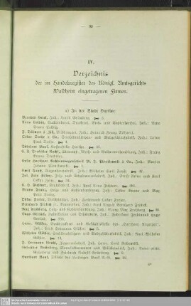 IV. Handelsregister : IV. Verzeichnis der im Handelsregister des Königl. Amtsgerichts Waldheim eingetragenen Firmen