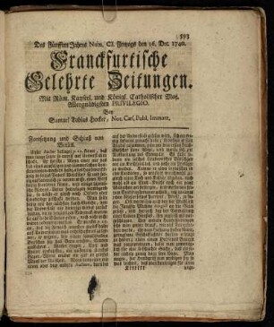Num. CI. Freytags den 16. Dec. 1740 - Num. CV. Freytags den 30. Dec. 1740