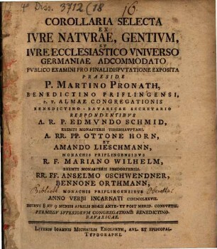 Corollaria selecta ex iure naturae, gentium et iure ecclesiastico universo Germaniae accommodato