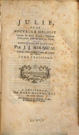 Oeuvres de Jaques Rousseau, 6. Tom. 3. - 1769. - 372 S., 14 Bl. : 4 Ill.