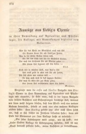 Auszüge aus Liebig's Chemie in ihrer Anwendung auf Agricultur und Physiologie, 5te Auflage; mit Anmerkungen begleitet vom Redacteur.