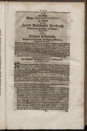 Vorläufige Gegen-Information, in Sachen Plen. Tit. Herrn Balthasar Friedrich/ Grafens von Promnitz, zu Halbau...