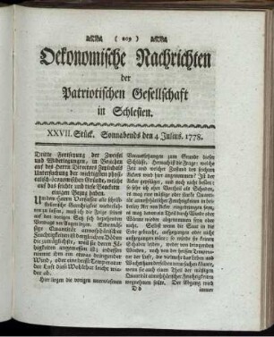 XXVII. Stück. Sonnabends den 4 Julius. 1778.