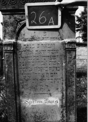 Grabstein 26 (Index: 99801889) Material: Sandstein Zustand: verwittert, gebrochen und repariert Maße HxBxT: 150x53x16 cm Beschreibung: ädikulaartige Stele mit Pilastern, getreppter Sockel, eingezogener Rundbogengiebel mit Eckakroteren, eingetieftes Schriftfeld mit Rundbogen Symbolik: Kreisfries: Grabstein 26A