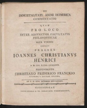 De Immortalitate Animi Homerica Commentatio