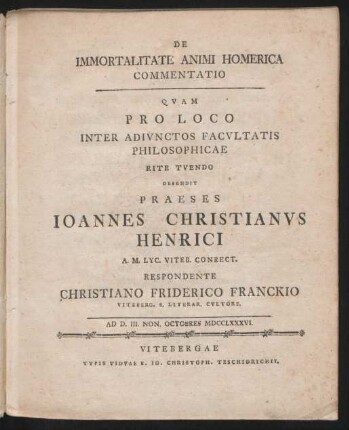 De Immortalitate Animi Homerica Commentatio
