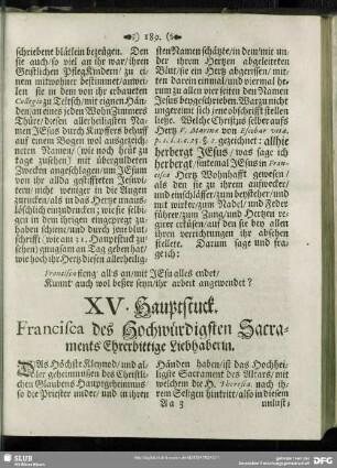 XV. Hauptstuck. Francisca des Hochwuerdigsten Sacraments Ehrerbittige Liebhaberin