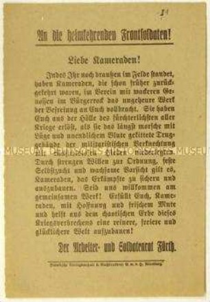 Bekanntmachung des Fürther Arbeiter- und Soldatenrates für die Kriegsheimkehrer über die Novemberrevolution