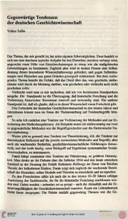 Gegenwärtige Tendenzen der deutschen Geschichtswissenschaft (Volker Sellin)