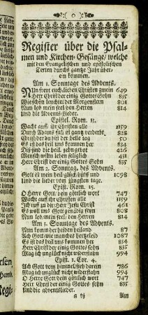 Register über die Psalmen und Kirchen-Gesänge/ welche mit den Evangelischen und epistolischen Texten durchs gantze Jahr überein kommen.