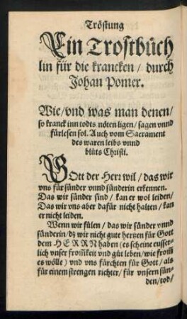 Ein Trostbüchlin für die krancken/ durch Johan Pomer.