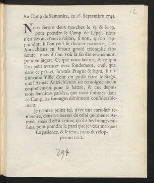 Au Camp de Semonitz, ce 16. Septembre 1745